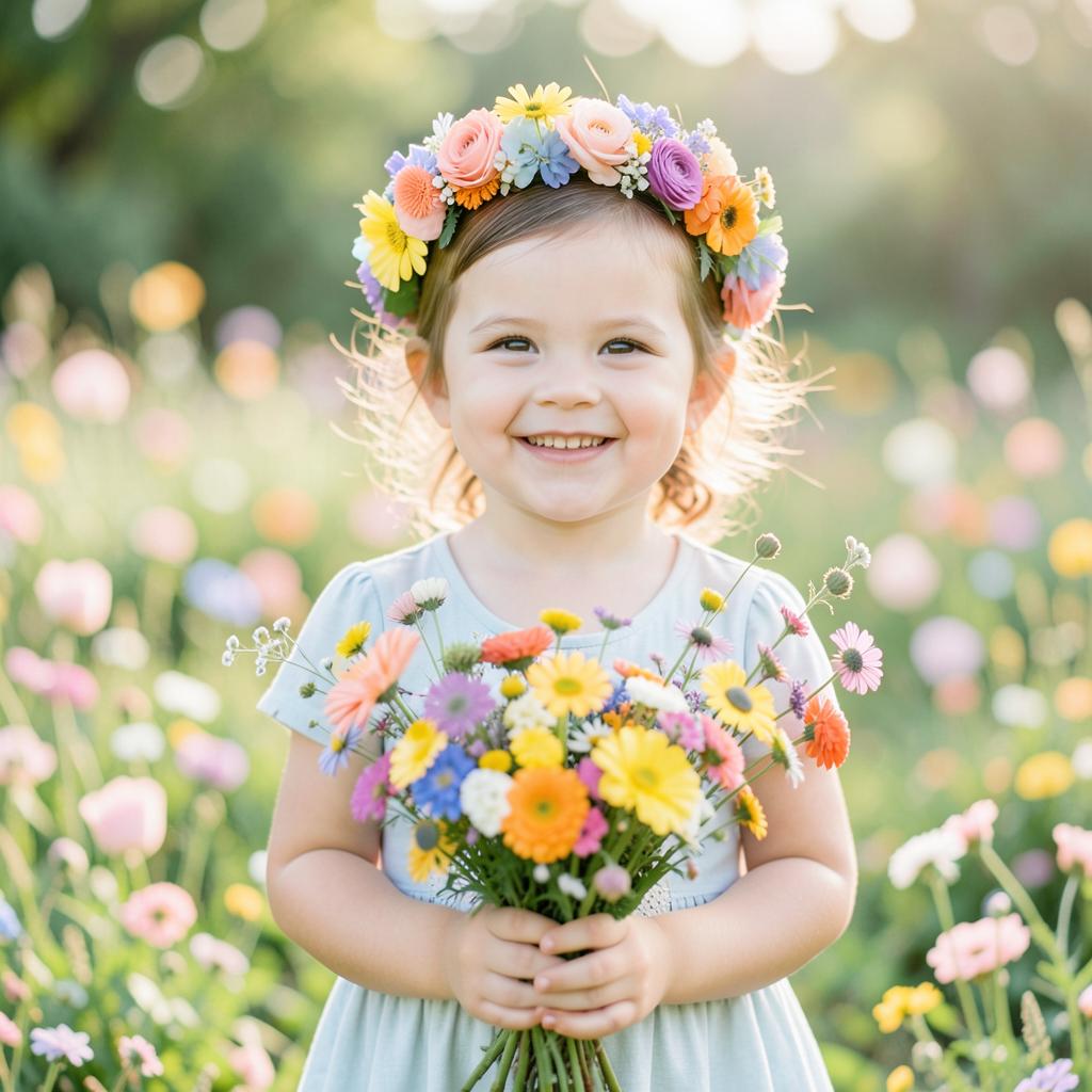 Smiling girl with a colorful flower crown holding wildflowers in a sunny meadow